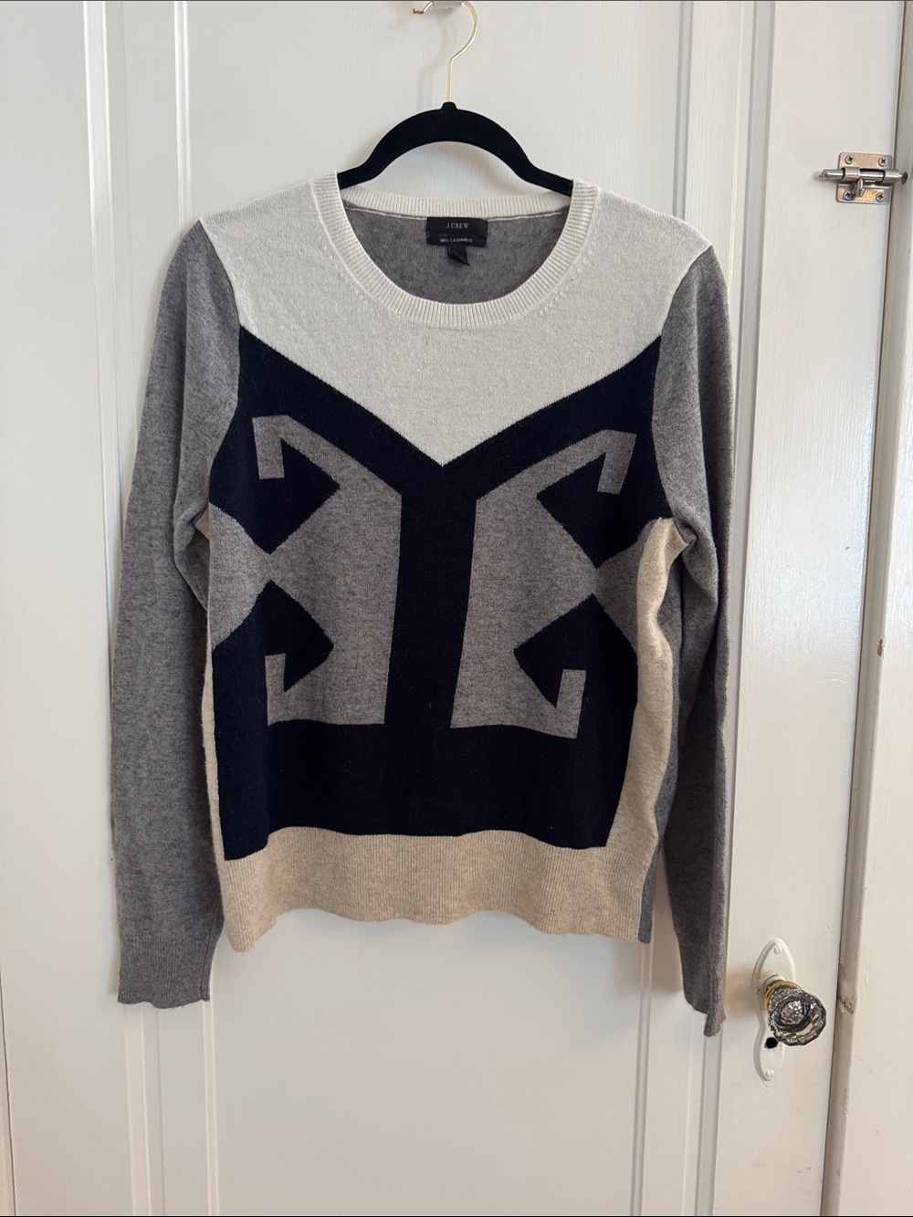 J. Crew Colorblock Crewneck Cashmere Blend Sweater in Black, Gray & Cream